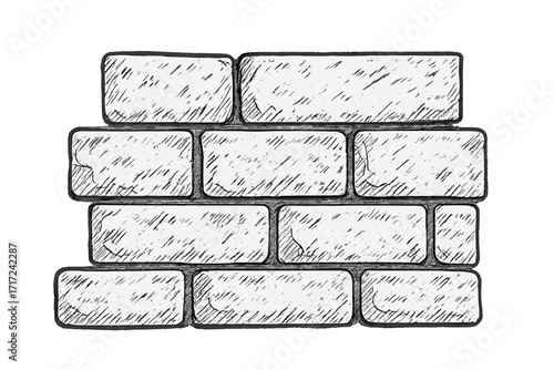 Hand drawn sketch of a stone brick wall. Set of blocks with a rough texture for construction design. Vector cartoon illustration of masonry. Building pattern background element.