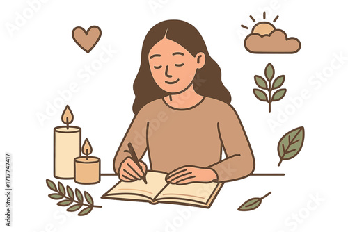 Mindful journaling for mental health and self-care. Woman writing in diary in calm environment with candles, leaves. Vector concept for wellness, relaxation, and therapy.