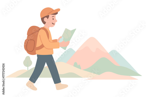 Young traveler with backpack navigating with map in pastel mountains. Minimalist vector cartoon illustration for adventure, hiking, and exploring concepts. Journey outdoors.