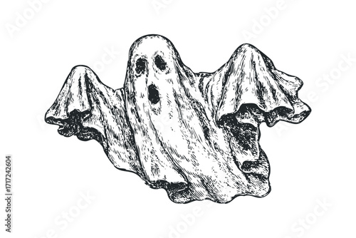 Hand Drawn Ghost Floating on. Vector hand drawn