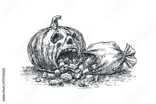 Spooky carved pumpkin spewing candy from its mouth on. Vector hand drawn