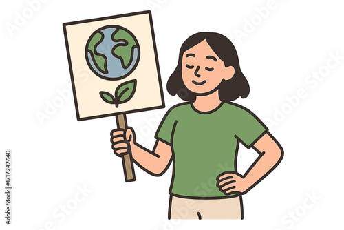 Minimalist activist holding sign for Earth Day. Woman at environmental protest for climate change awareness. Save the planet, go green, eco-friendly concept. Vector cartoon.