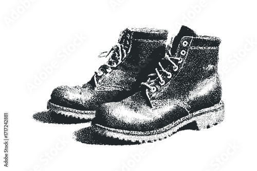Pair of textured black work boots with laces on. Vector hand drawn