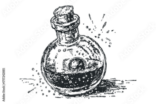 Antique potion bottle with cork on. Vector hand drawn