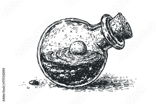 Antique glass flask with liquid and sphere on. Vector hand drawn
