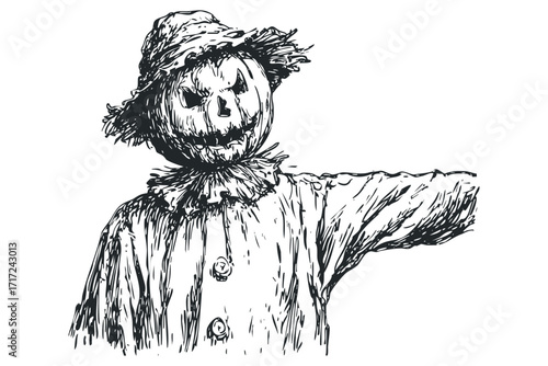 Scarecrow with Jack O Lantern Head. Vector hand drawn