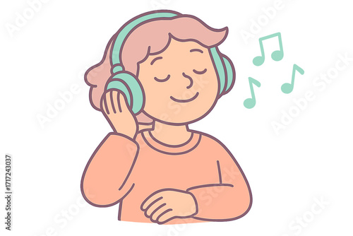 Relaxed person listening to music with headphones. Cartoon character enjoying audio sound. Vector illustration for melody, podcast, relaxation, mental health, and leisure.