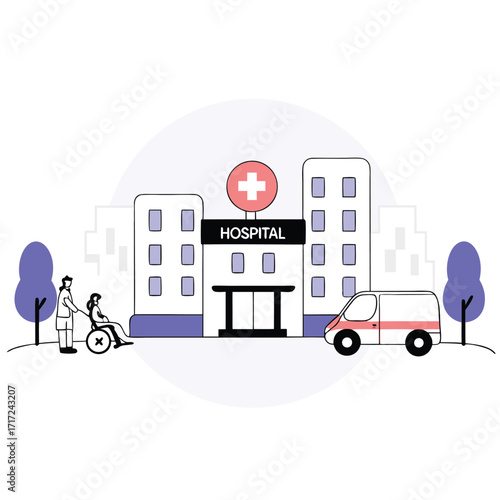 Caring nurse assists patient in wheelchair arriving at modern hospital entrance with ambulance nearby
