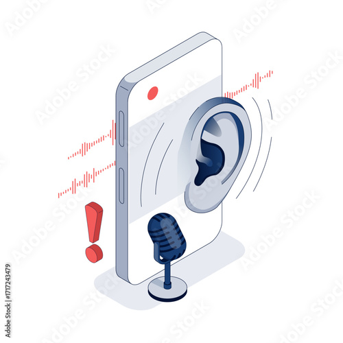Phone with giant ear symbolizes spying and surveillance. Microphone and sound waves highlight voice recording risk. Illustration warns about privacy violation and cyber threat