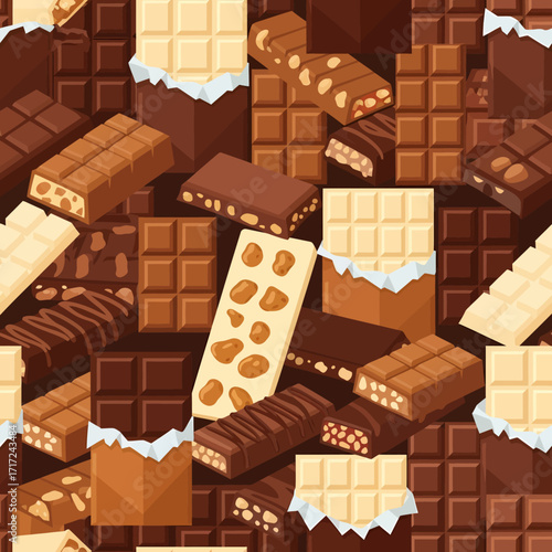 A colorful and detailed illustration of various chocolate bars, showcasing different flavors and textures.