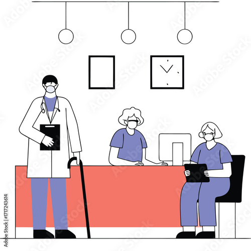 Caring medical team with doctor and receptionists ensures patient comfort and efficient clinic operations in a modern healthcare setting.