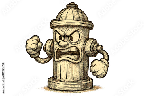 Angry fire hydrant cartoon character in retro sketch style. Vector illustration of a furious mascot ready to fight. Concept of rage, frustration, and aggression. Isolated.