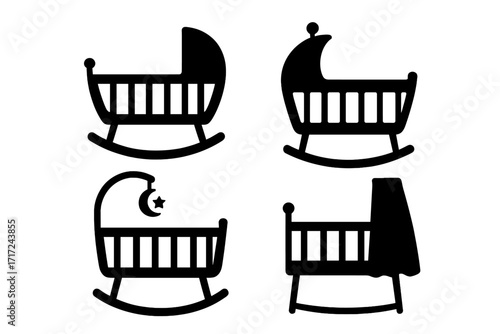 Cradle silhouette vector icon set. Baby nursery design elements. Bassinet and rocking crib graphic collection. Newborn furniture for sleep concept. Minimalist childcare symbols.
