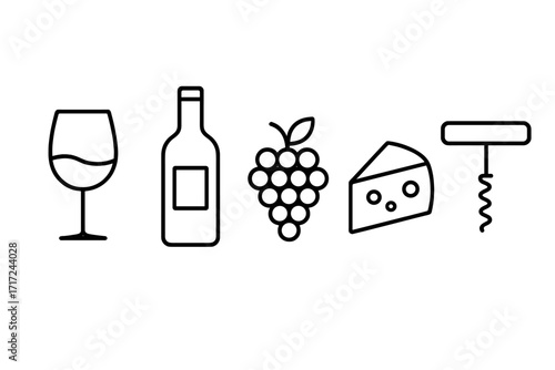 Wine tasting icon set with minimalist line art. Vector icons of glass, bottle, grapes, cheese, and corkscrew. Sommelier essentials for food, beverage, winery and pairing.