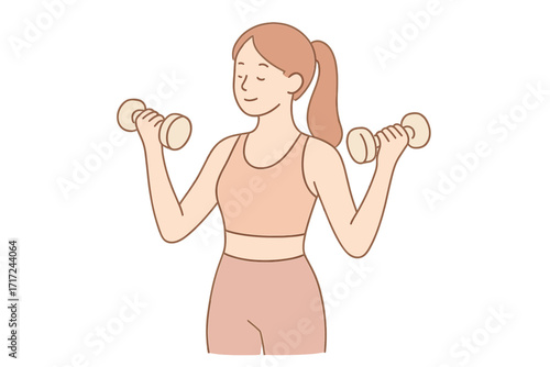 Woman exercising with dumbbells. Fitness training and workout concept. Young active female character lifting weights for strength. Healthy lifestyle, gym sport. Vector cartoon.