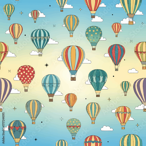 Colorful hot air balloons floating in a bright sky with clouds, creating a vibrant and whimsical scene.