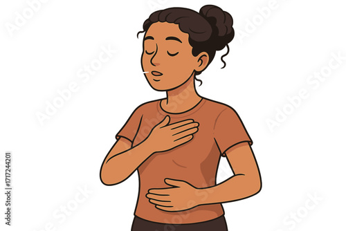 Deep breathing exercise for relaxation. Woman practicing mindfulness for stress relief. Calming technique for anxiety. Diaphragmatic breathing for mental health and wellness.