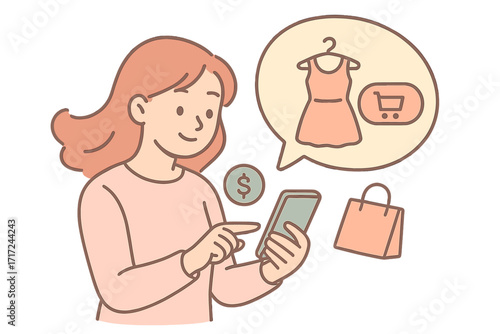 Woman shopping online for clothes on smartphone. E-commerce concept with girl buying a dress on mobile app. Digital retail, online payment, and fashion sale vector cartoon.