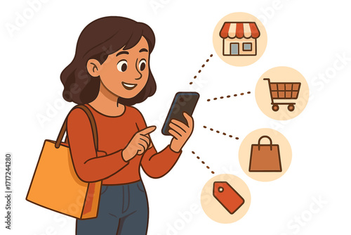 Woman shopping online using a smartphone. E-commerce and mobile commerce concept. Vector cartoon of a customer making a purchase with retail icons: store, cart, bag, price tag.