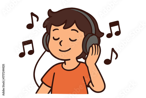 Young person enjoying music with headphones. Cartoon vector illustration of a boy listening to audio, sound, and melody. Concept for relaxation, hobby, leisure, and wellness.