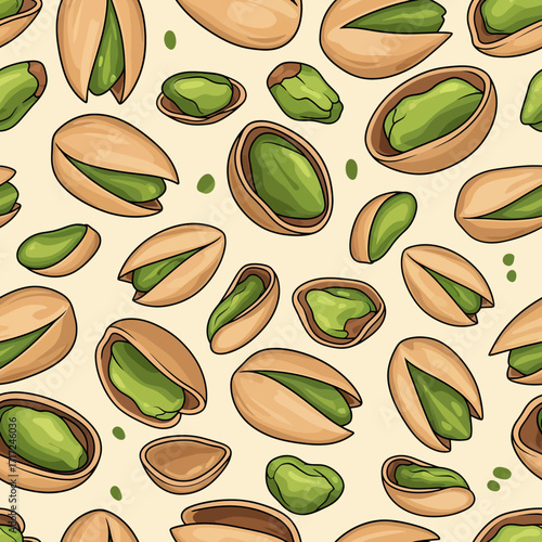 Close-up illustration of various pistachios, some shelled, scattered on a light beige background.