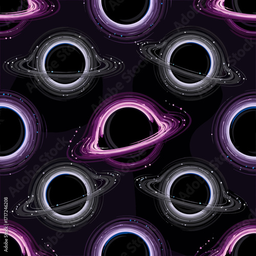 Seamless pattern featuring multiple stylized black holes with swirling energy rings and glowing effects.