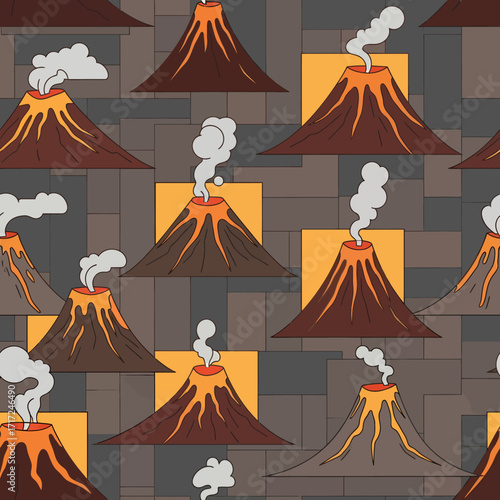 Seamless pattern featuring stylized volcanoes erupting with smoke against a brick wall background.