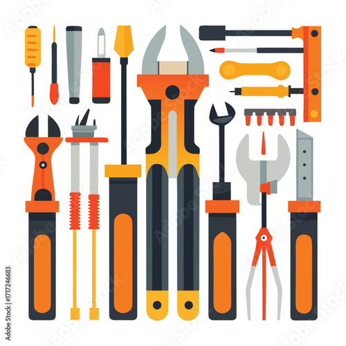 Collection of Hand Tools – Colorful Flat Vector Illustration of Construction and Repair Equipment”