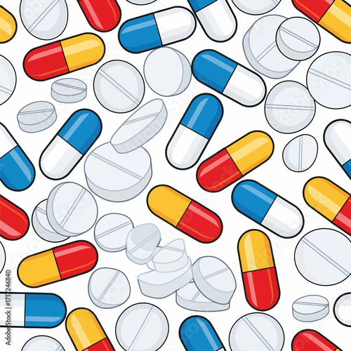 Illustration of various pills and capsules, showcasing a pharmaceutical and medical theme.