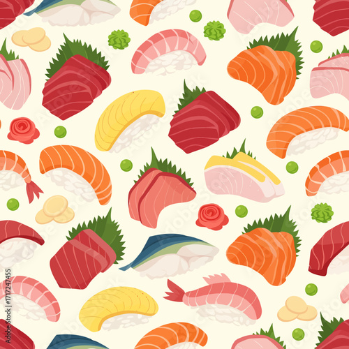 Colorful illustration of various sushi and sashimi pieces arranged on a light background.
