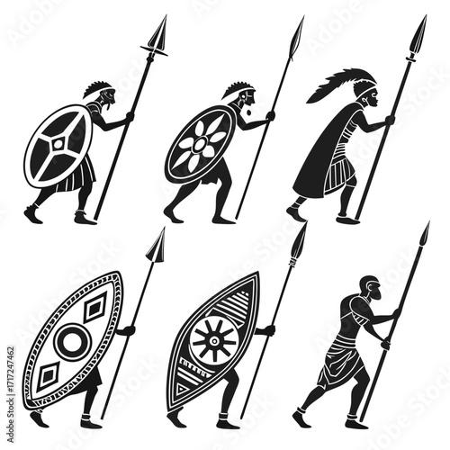 Ancient warriors holding spears and shields tribal warriors