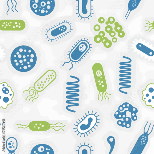 Illustration of various bacteria and microorganisms, showcasing different shapes and structures.