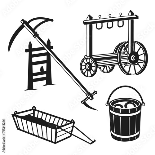Black and white rural tool illustrations sickle scythe