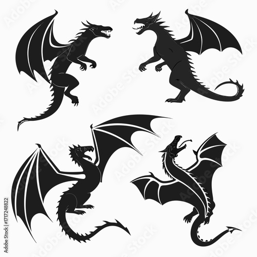Black dragons flying roaring attacking silhouette wings