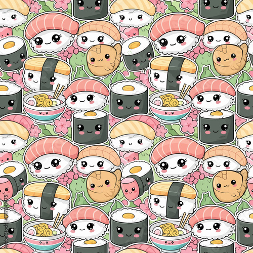A repeating pattern featuring various types of cute, cartoon sushi rolls and related food items.