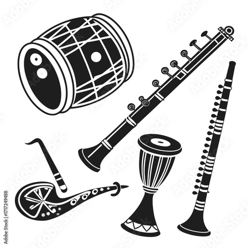 Black musical instruments collection traditional instruments