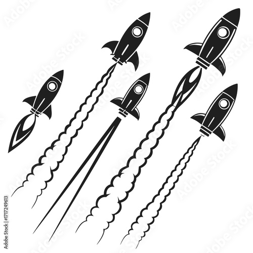 Black rockets ascending with smoke trails launch ascent