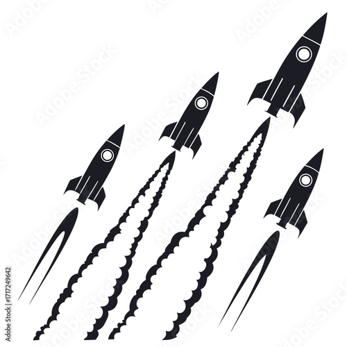Black rockets ascending with smoke trails launch ascent