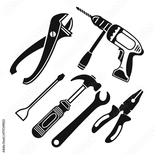 Black silhouette collection of various hand tools wrench