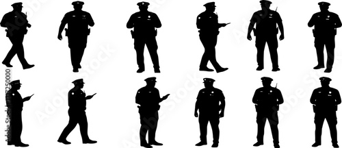 Set of policeman silhouette vector on white background, officer.
