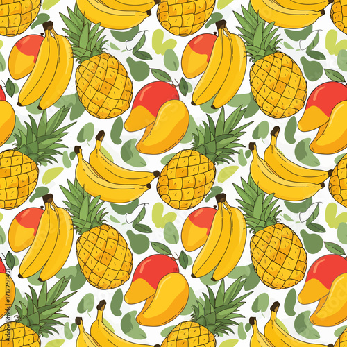 Vibrant tropical fruit pattern featuring bananas, pineapples, and mangoes on a white background with green leaves.