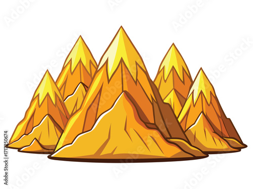 Cartoon golden mountain range with sharp peaks and layered slopes mountains
