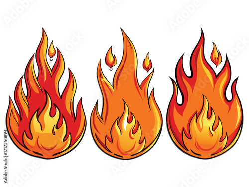 Three stylized flames in red orange and yellow fire burning