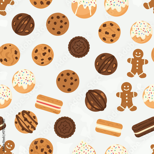 An assortment of various cookies and gingerbread men arranged on a white background.