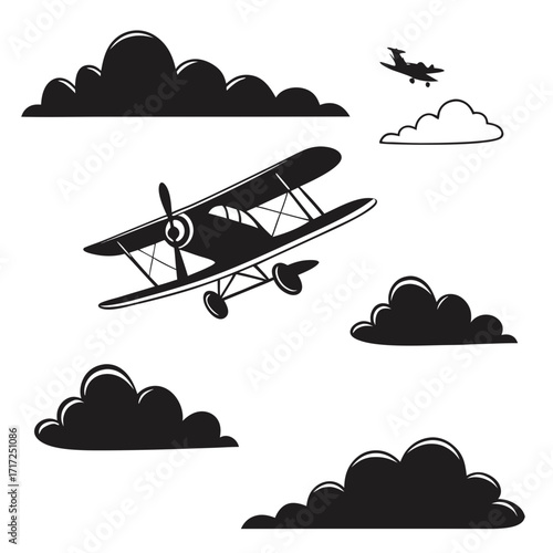 Cartoon biplane flying among stylized clouds airplane