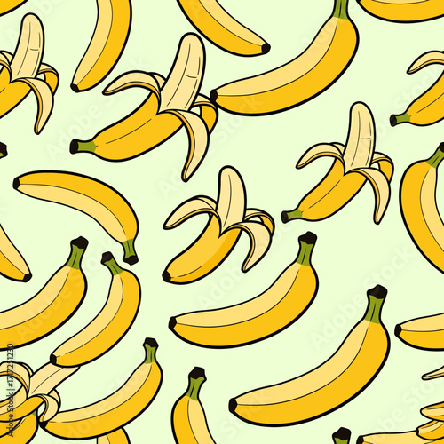 Seamless pattern of ripe yellow bananas, some peeled, on a light green background, repeating design.