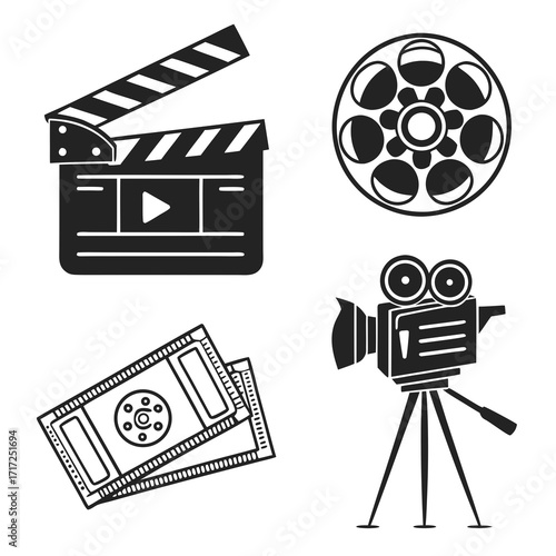 Cinema icons clapperboard film reel camera tickets