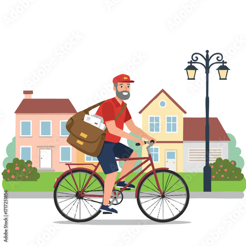 A cheerful postman on a bicycle with a mailbag delivers letters along a sunny neighborhood street, depicted in a vibrant flat 2D vector illustration with clean outlines.
