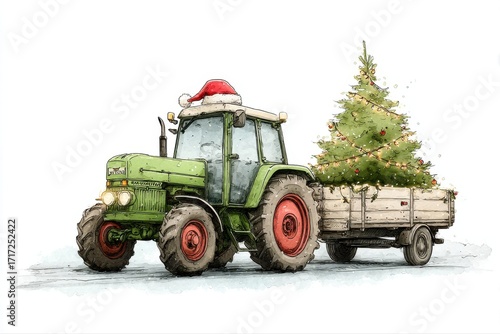 Festive Tractor with Christmas Tree. A cheerful tractor decorated for the holidays, transporting a Christmas tree.