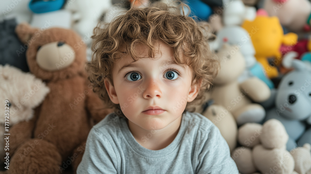 Fototapeta premium surprised shocked child toddler with expression sits among colorful stuffed animals Soft Plush Toys, creating a warm, comforting scene ideal for family, toy, and lifestyle stock imagery.